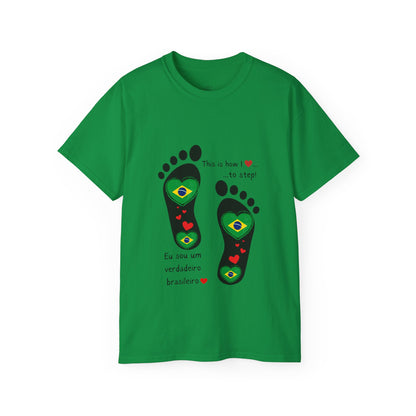 Front and Back Print Design - Brazil Heart-Shaped Flags in Footprints - Unisex Tee-Shirt Gift Idea