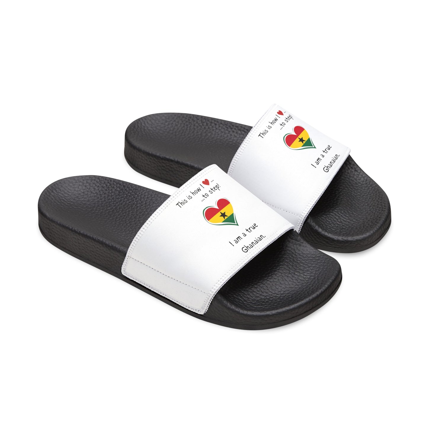 Women's PU Slide Sandals - Step into the vibrant culture of Ghana with our Heart-shaped Ghanaian flag slider footwear from LoveJustJules!