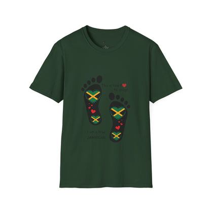 Heart-Shaped Jamaican Flag in Footsteps Unisex Softstyle Tee: Island Pride in Every Step! Jamaican Gift Idea. Love Jamaica. Heritage Pride.