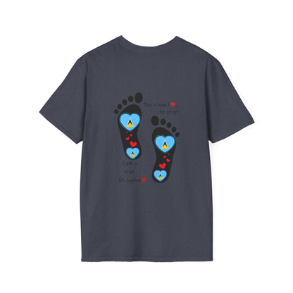 Step into Caribbean Elegance: Saint Lucia Heart-Shaped Flags in Footprints Unisex Softstyle Tee for Casual Comfort and Island Pride!