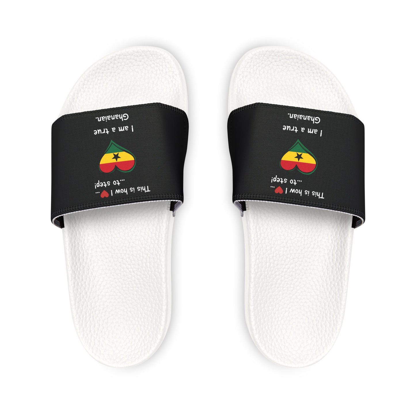 Men's PU Slide Sandals - Step into the vibrant culture of Ghana with our Heart-shaped Ghanaian flag slider footwear from LoveJustJules!