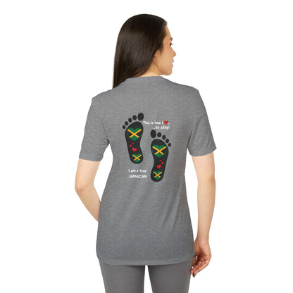 adidas® Unisex Sport T-shirt - LoveJustJules Heart-Shaped Flag of Jamaica in Footprints Top - A Fusion of Style, Patriotism, and adidas® Quality