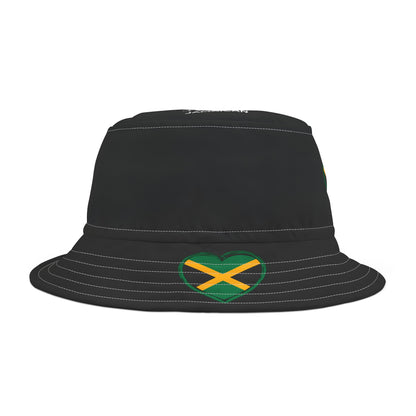 Black Coloured - Heart-Shaped Jamaican Flag Bucket Hat with 'All Up In My Head... I am a True Jamaican' Text