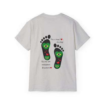 Front and Back Print Design - Brazil Heart-Shaped Flags in Footprints - Unisex Tee-Shirt Gift Idea