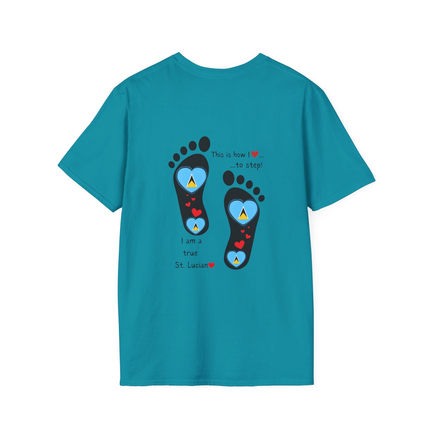 Step into Caribbean Elegance: Saint Lucia Heart-Shaped Flags in Footprints Unisex Softstyle Tee for Casual Comfort and Island Pride!