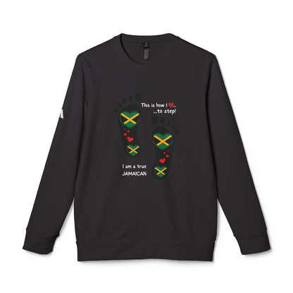 adidas® Unisex Fleece Crewneck Sweatshirt - LoveJustJules Heart-Shaped Flag of Jamaica in Footprints Top - A Fusion of Style, Patriotism, and adidas® Quality