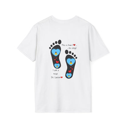 Step into Caribbean Elegance: Saint Lucia Heart-Shaped Flags in Footprints Unisex Softstyle Tee for Casual Comfort and Island Pride!