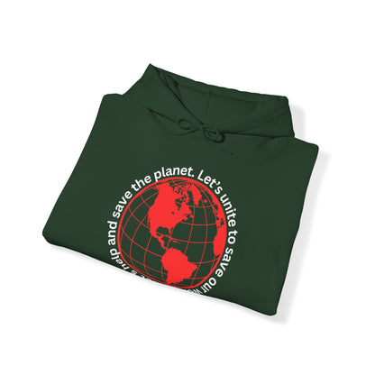 Red World Outline Hooded Top. Eco-friendly fashion with a message. Save the planet, unite the world.