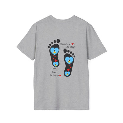 Step into Caribbean Elegance: Saint Lucia Heart-Shaped Flags in Footprints Unisex Softstyle Tee for Casual Comfort and Island Pride!