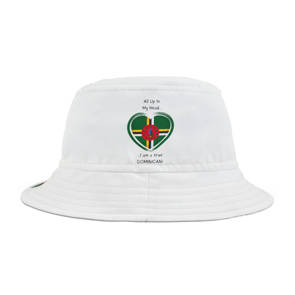 Heart-Shaped Dominica Flag Print Bucket Hat with 'All Up In My Head... I am a True Dominican' Text