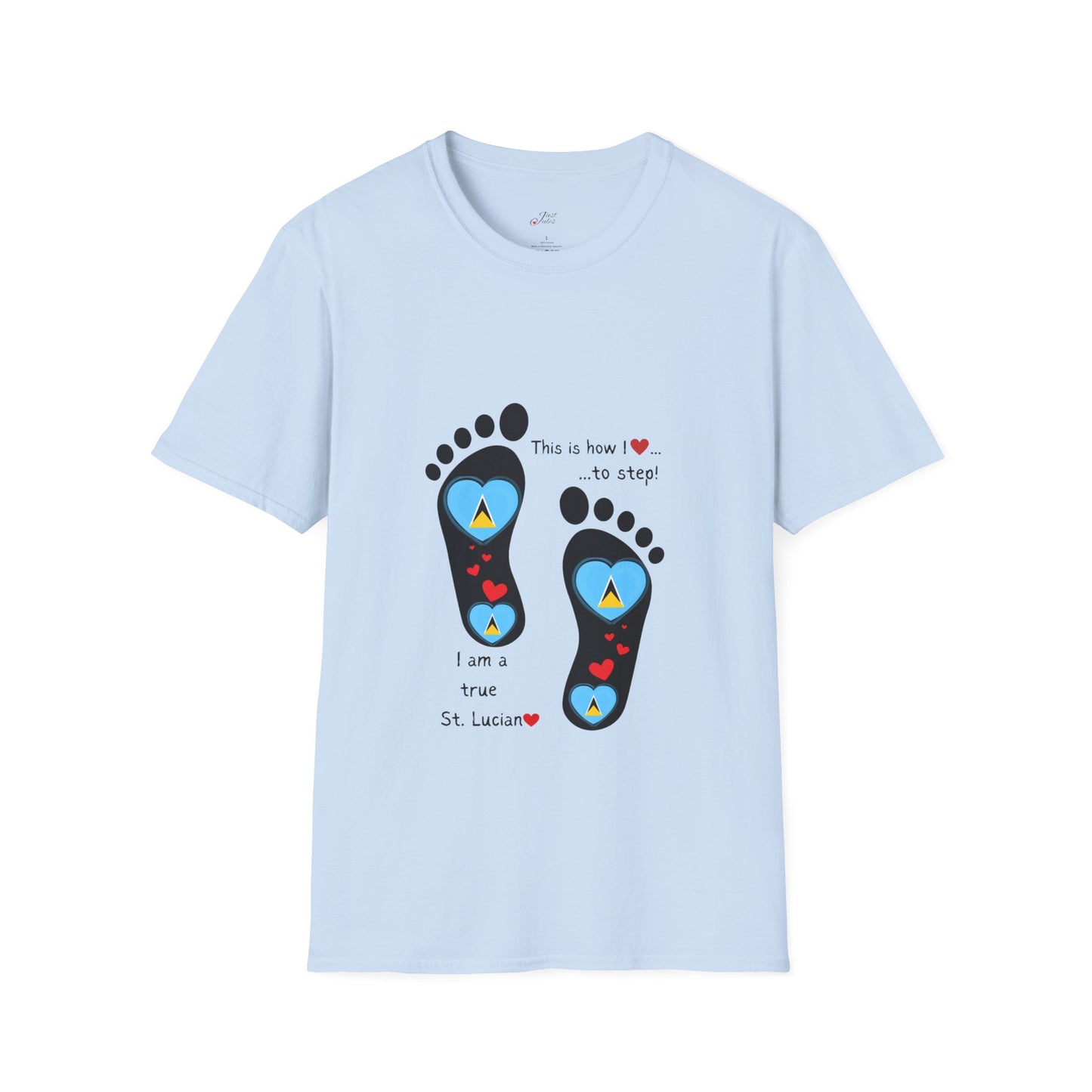 Step into Caribbean Elegance: Saint Lucia Heart-Shaped Flags in Footprints Unisex Softstyle Tee for Casual Comfort and Island Pride!