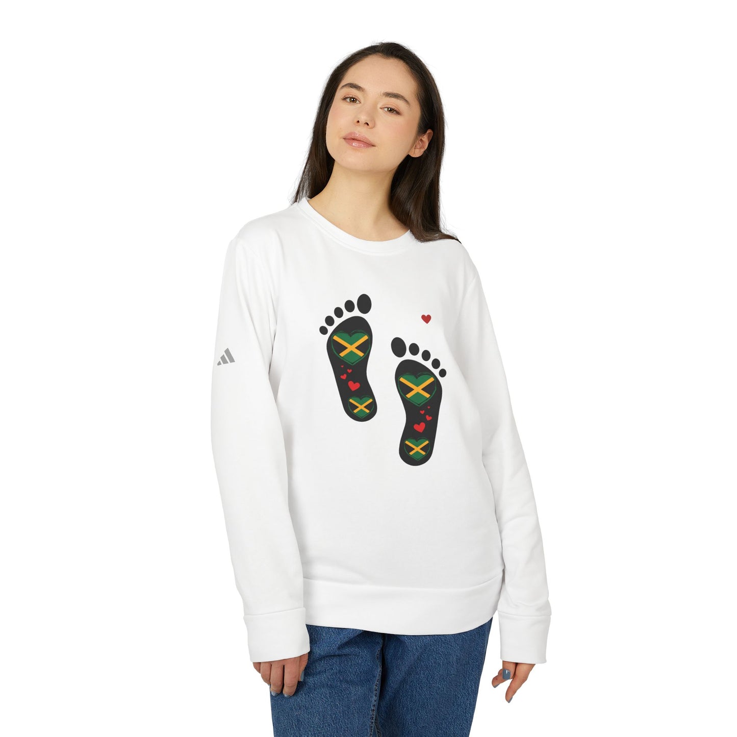 adidas® Unisex Fleece Crewneck Sweatshirt - LoveJustJules Heart-Shaped Flag of Jamaica in Footprints Top - A Fusion of Style, Patriotism, and adidas® Quality