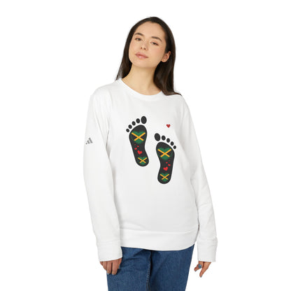 adidas® Unisex Fleece Crewneck Sweatshirt - LoveJustJules Heart-Shaped Flag of Jamaica in Footprints Top - A Fusion of Style, Patriotism, and adidas® Quality