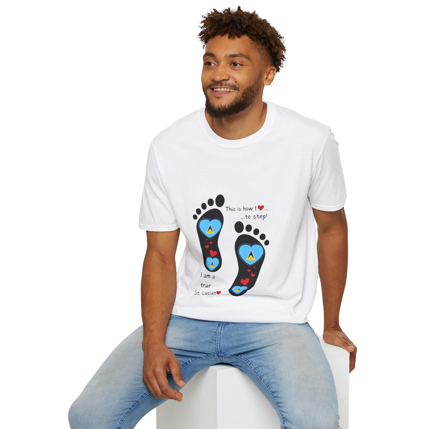 Step into Caribbean Elegance: Saint Lucia Heart-Shaped Flags in Footprints Unisex Softstyle Tee for Casual Comfort and Island Pride!