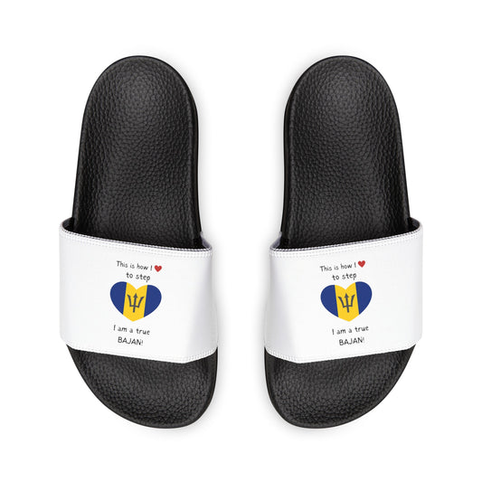 Women's PU Slide Sandals - Walking in Your Bajan Pride - Barbados Heart-Shaped Flag Sliders.