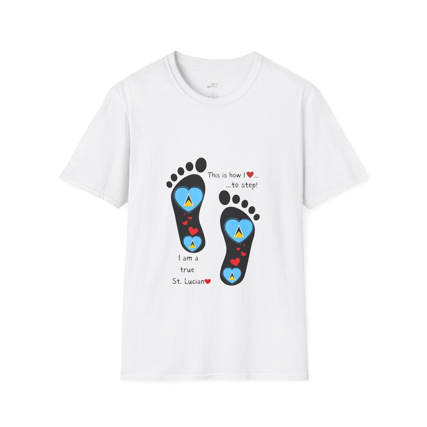 Step into Caribbean Elegance: Saint Lucia Heart-Shaped Flags in Footprints Unisex Softstyle Tee for Casual Comfort and Island Pride!