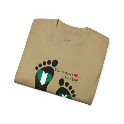 Unisex Ultra Cotton Tee - Nigerian Heart-Shaped Flag in Footprints