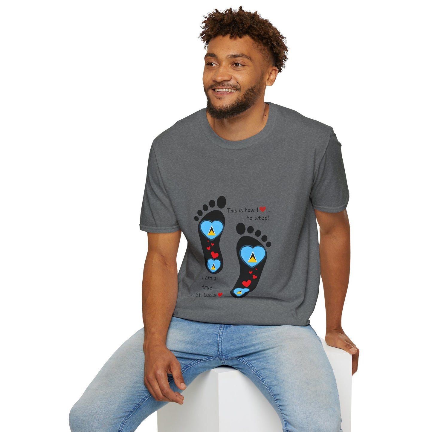 Step into Caribbean Elegance: Saint Lucia Heart-Shaped Flags in Footprints Unisex Softstyle Tee for Casual Comfort and Island Pride!