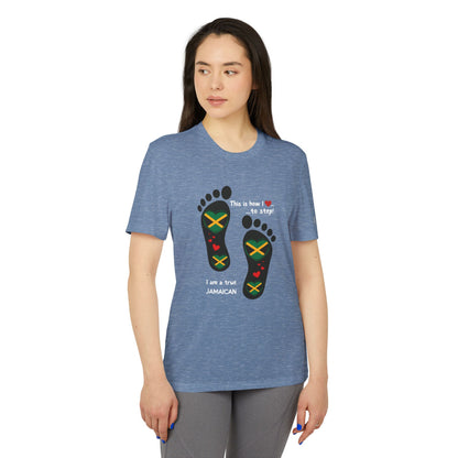 adidas® Unisex Sport T-shirt - LoveJustJules Heart-Shaped Flag of Jamaica in Footprints Top - A Fusion of Style, Patriotism, and adidas® Quality