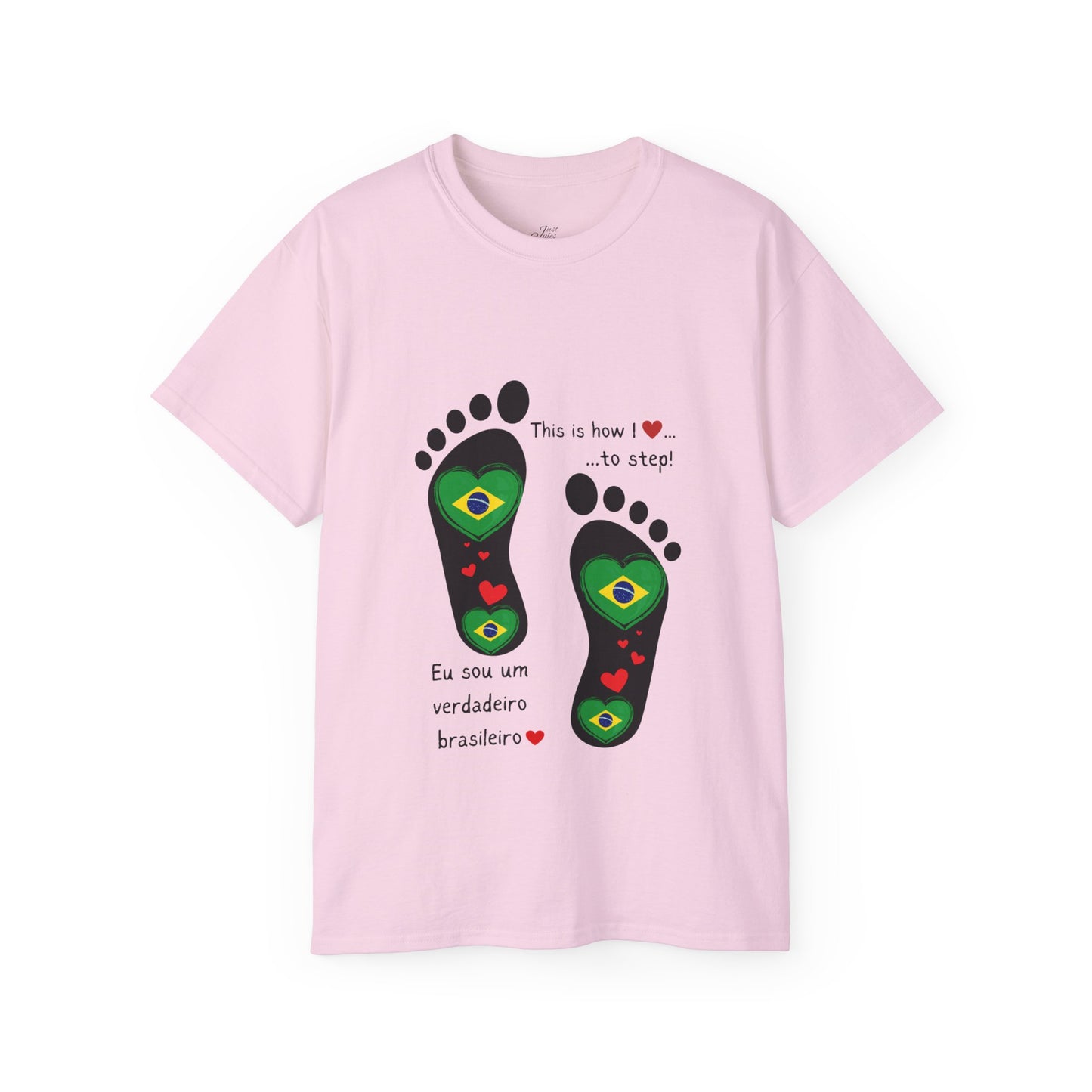 Front and Back Print Design - Brazil Heart-Shaped Flags in Footprints - Unisex Tee-Shirt Gift Idea