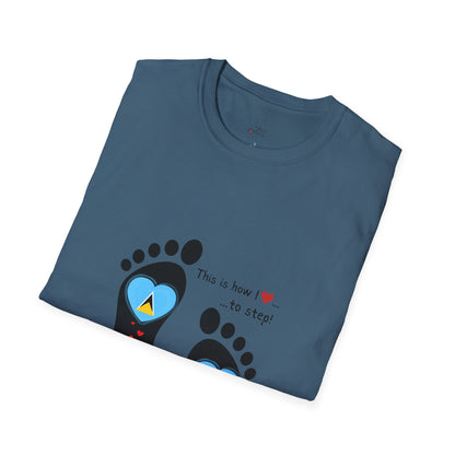 Step into Caribbean Elegance: Saint Lucia Heart-Shaped Flags in Footprints Unisex Softstyle Tee for Casual Comfort and Island Pride!