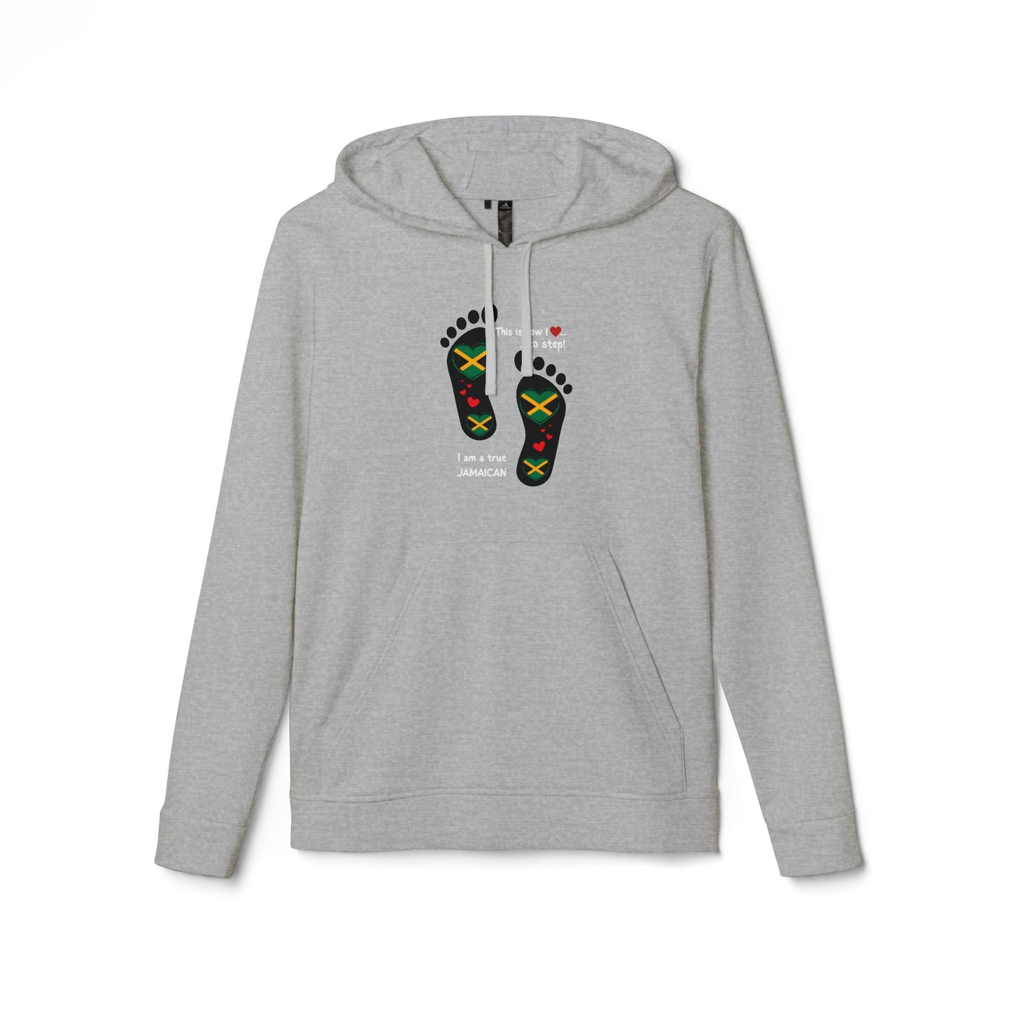 adidas® Unisex Fleece Hoodie - LoveJustJules Heart-Shaped Flag of Jamaica in Footprints Top - A Fusion of Style, Patriotism, and adidas® Quality -