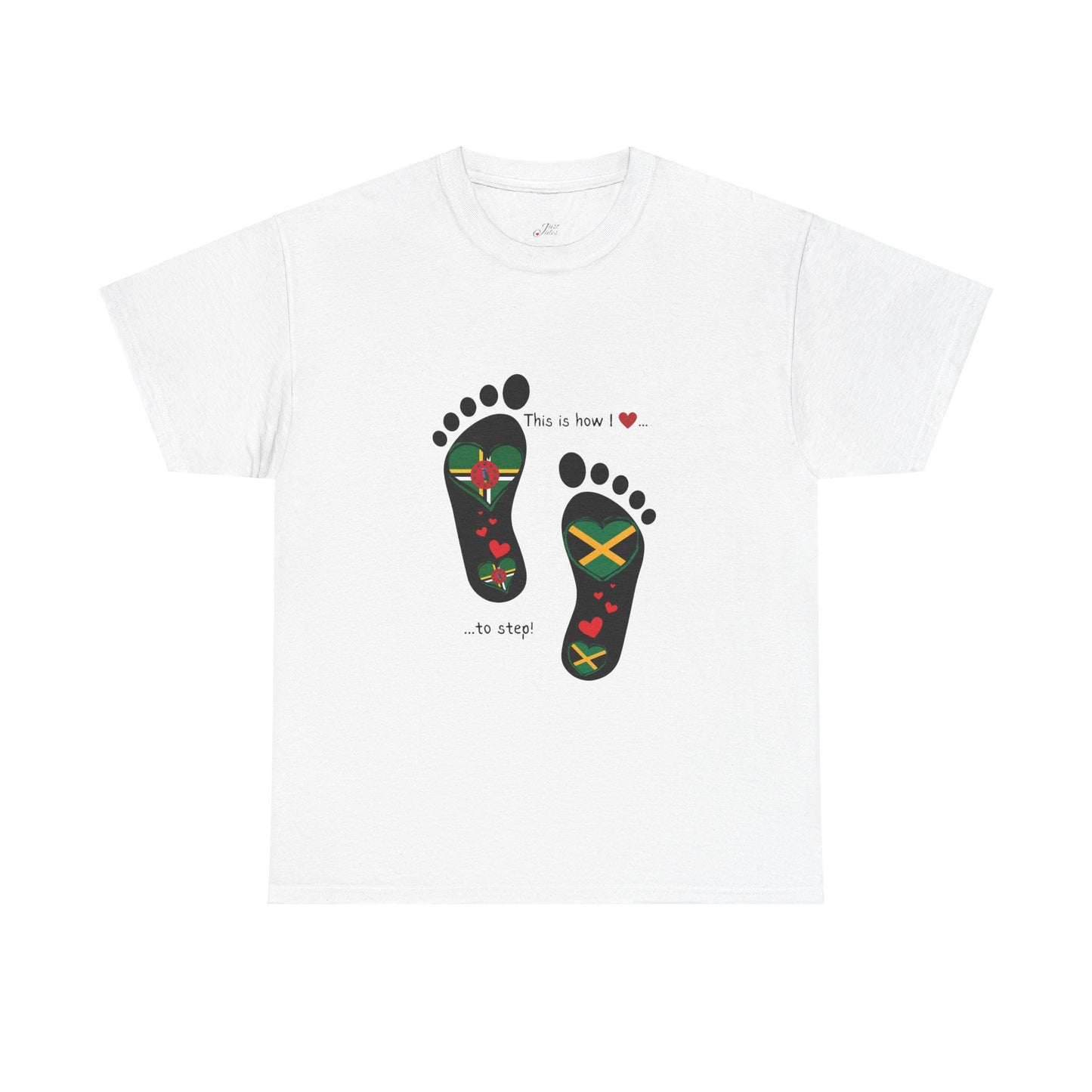 Jamaica & Dominica Flag in Footsteps Tee: Unique Unisex Soft style tee-Shirt for Dual Heritage Pride!  Island Flag Fusion Apparel