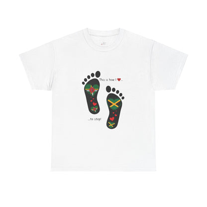 Jamaica & Dominica Flag in Footsteps Tee: Unique Unisex Soft style tee-Shirt for Dual Heritage Pride!  Island Flag Fusion Apparel