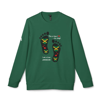 adidas® Unisex Fleece Crewneck Sweatshirt - LoveJustJules Heart-Shaped Flag of Jamaica in Footprints Top - A Fusion of Style, Patriotism, and adidas® Quality