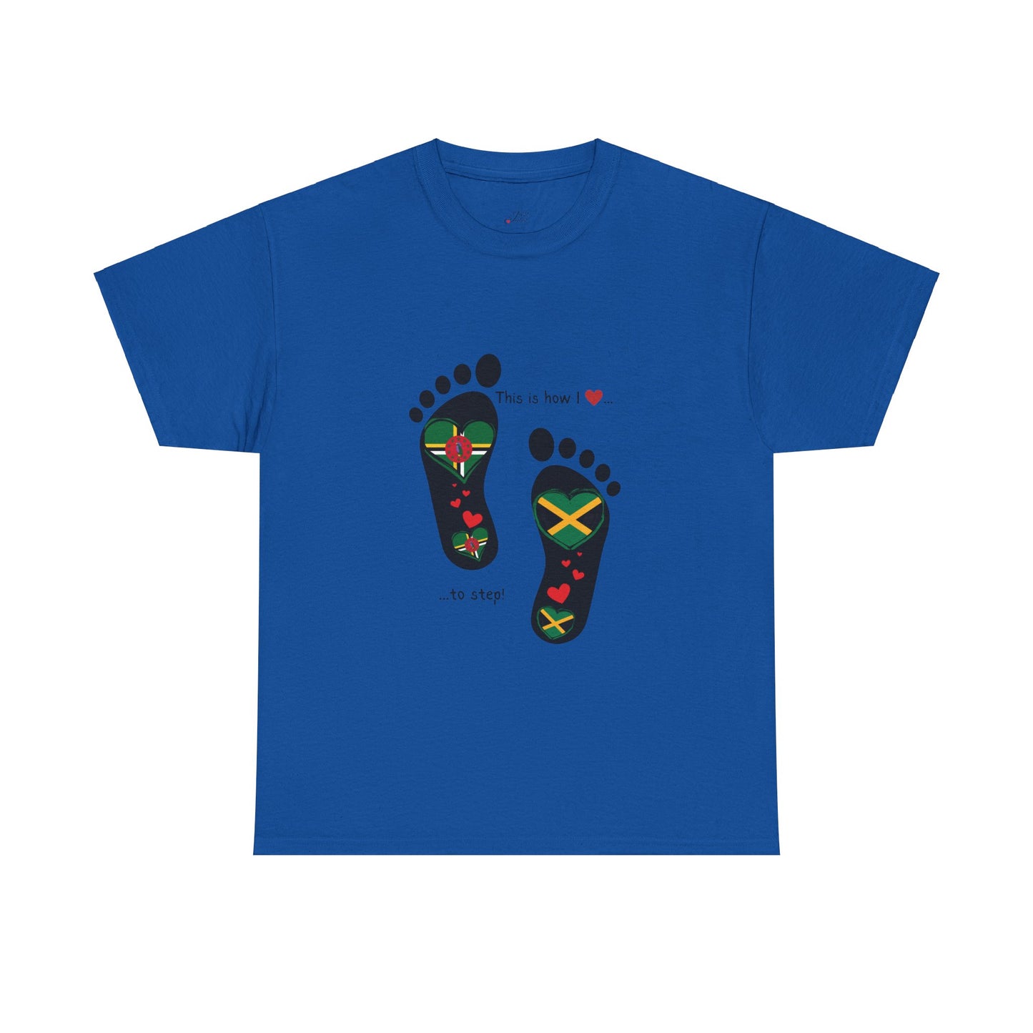 Jamaica & Dominica Flag in Footsteps Tee: Unique Unisex Soft style tee-Shirt for Dual Heritage Pride!  Island Flag Fusion Apparel