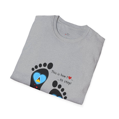 Step into Caribbean Elegance: Saint Lucia Heart-Shaped Flags in Footprints Unisex Softstyle Tee for Casual Comfort and Island Pride!