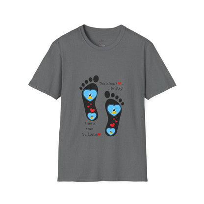 Step into Caribbean Elegance: Saint Lucia Heart-Shaped Flags in Footprints Unisex Softstyle Tee for Casual Comfort and Island Pride!