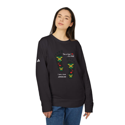 adidas® Unisex Fleece Crewneck Sweatshirt - LoveJustJules Heart-Shaped Flag of Jamaica in Footprints Top - A Fusion of Style, Patriotism, and adidas® Quality