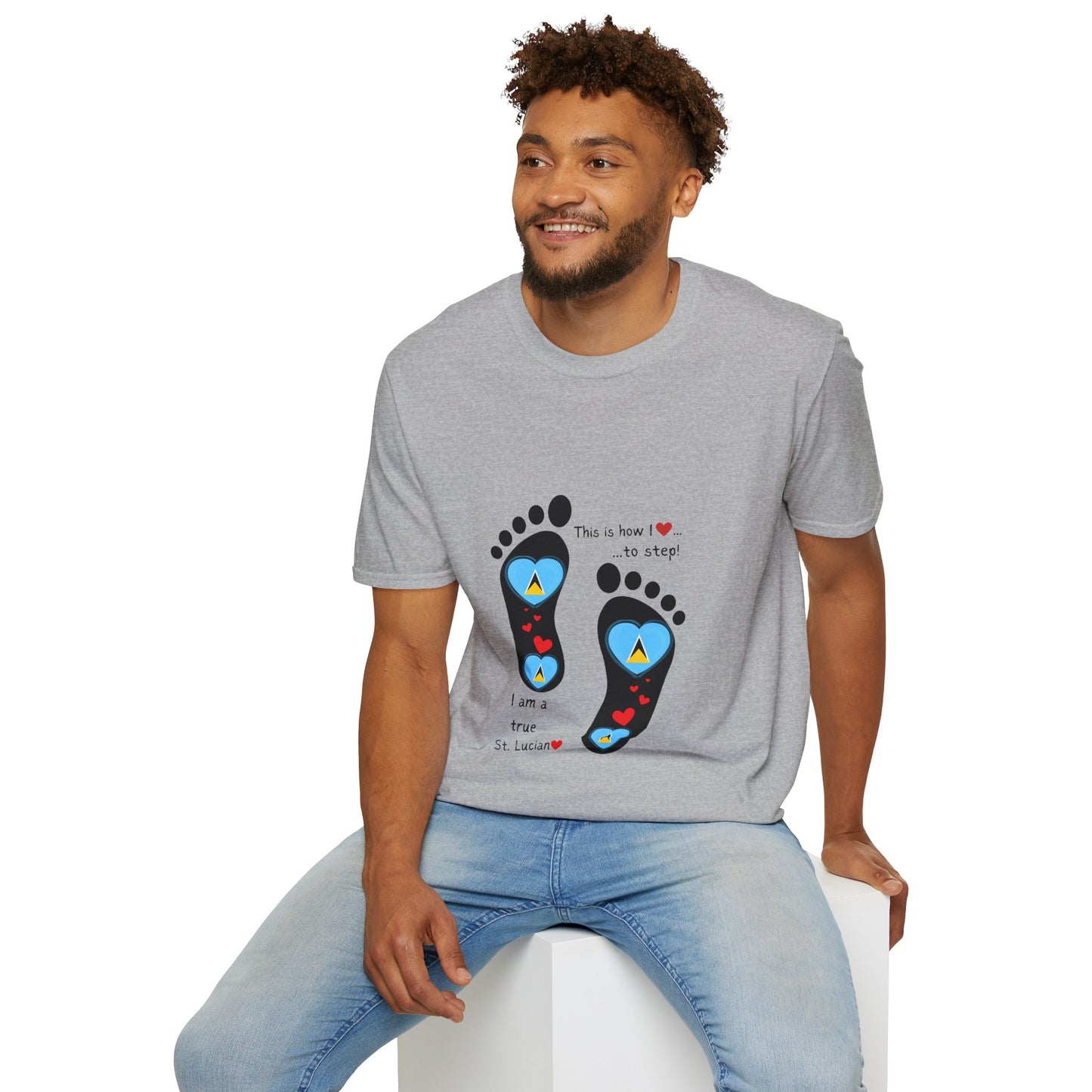 Step into Caribbean Elegance: Saint Lucia Heart-Shaped Flags in Footprints Unisex Softstyle Tee for Casual Comfort and Island Pride!