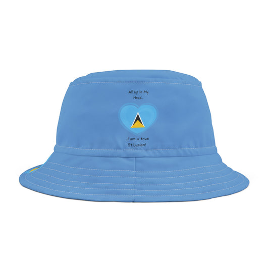 Blue St. Lucian Heritage Heart-Shaped Flag Bucket Hat with 'All Up In My Head... I am a True St. Lucian' Text
