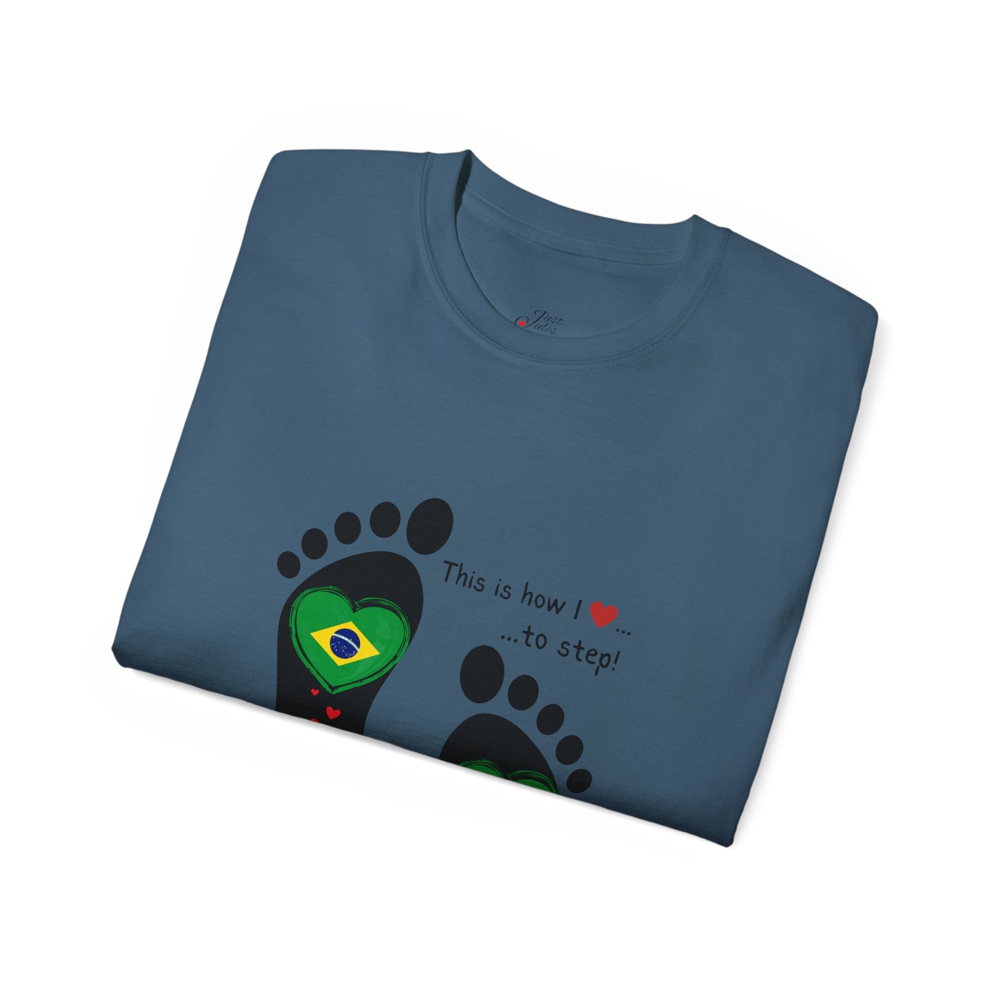 Front and Back Print Design - Brazil Heart-Shaped Flags in Footprints - Unisex Tee-Shirt Gift Idea