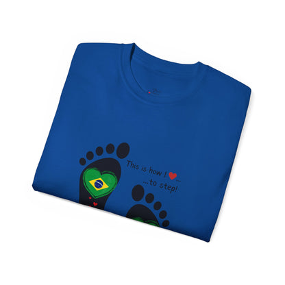 Front and Back Print Design - Brazil Heart-Shaped Flags in Footprints - Unisex Tee-Shirt Gift Idea