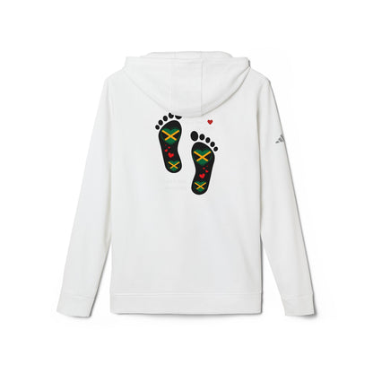 adidas® Unisex Fleece Hoodie - LoveJustJules Heart-Shaped Flag of Jamaica in Footprints Top - A Fusion of Style, Patriotism, and adidas® Quality -