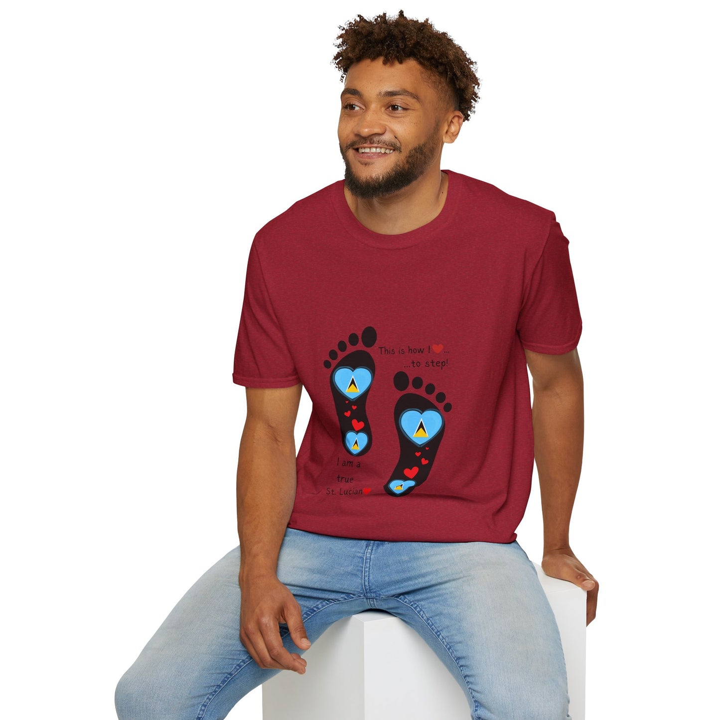 Step into Caribbean Elegance: Saint Lucia Heart-Shaped Flags in Footprints Unisex Softstyle Tee for Casual Comfort and Island Pride!