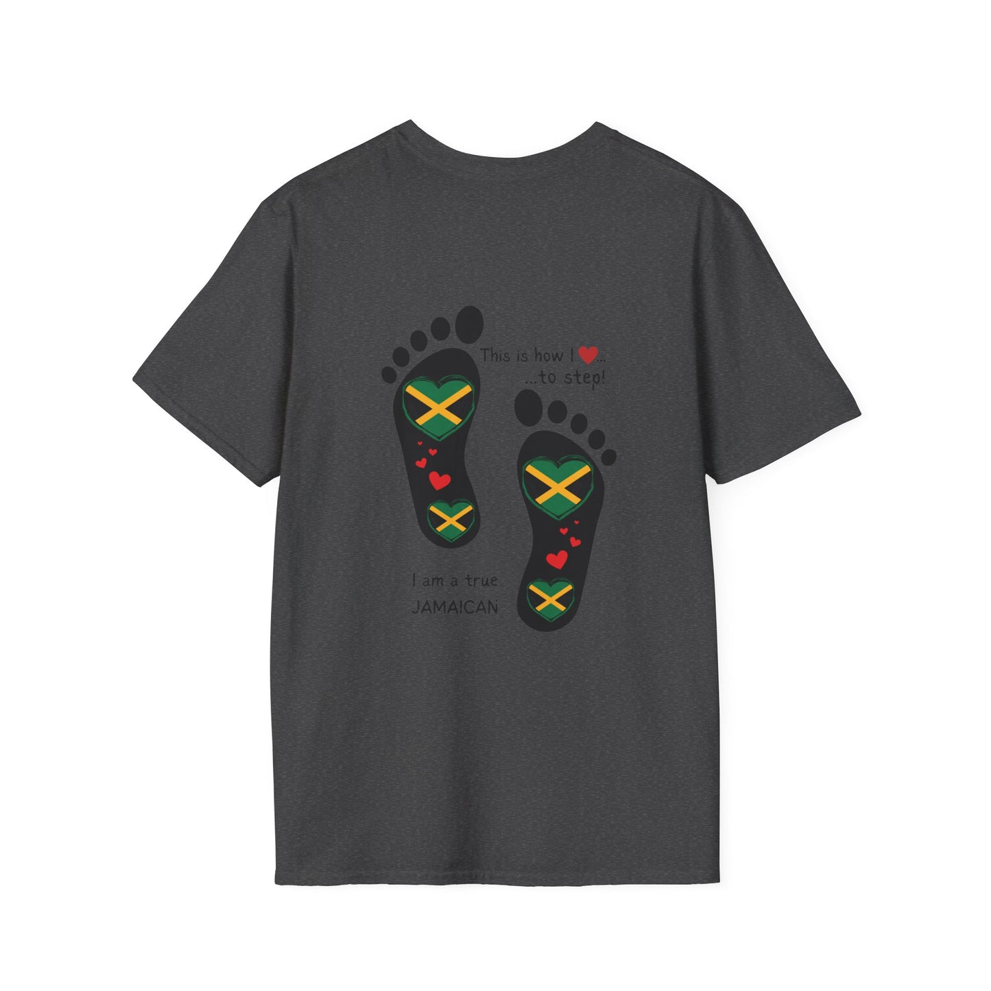 Heart-Shaped Jamaican Flag in Footsteps Unisex Softstyle Tee: Island Pride in Every Step! Jamaican Gift Idea. Love Jamaica. Heritage Pride.