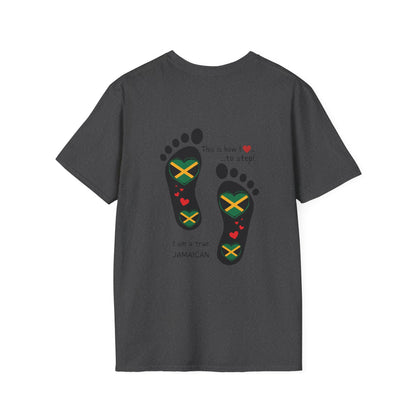 Heart-Shaped Jamaican Flag in Footsteps Unisex Softstyle Tee: Island Pride in Every Step! Jamaican Gift Idea. Love Jamaica. Heritage Pride.