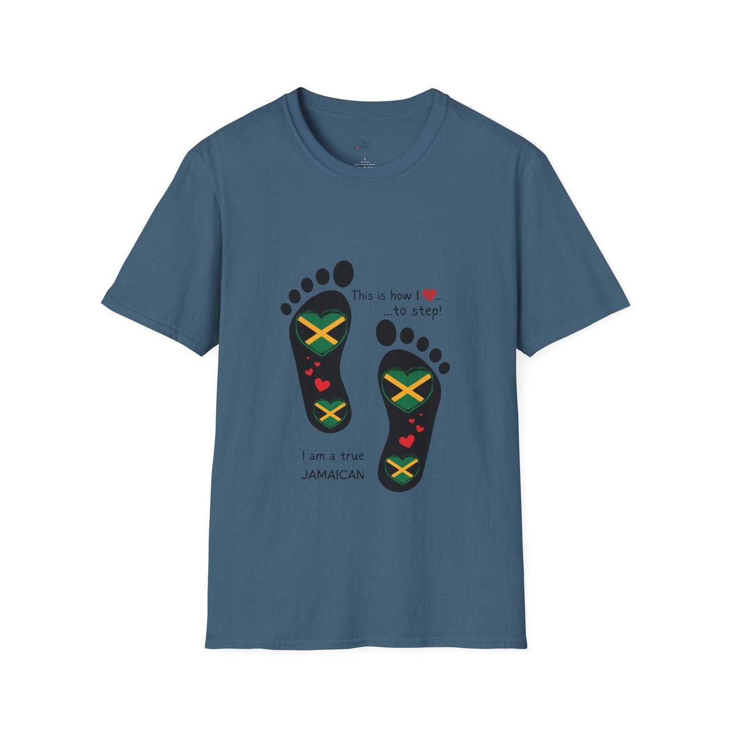 Heart-Shaped Jamaican Flag in Footsteps Unisex Softstyle Tee: Island Pride in Every Step! Jamaican Gift Idea. Love Jamaica. Heritage Pride.