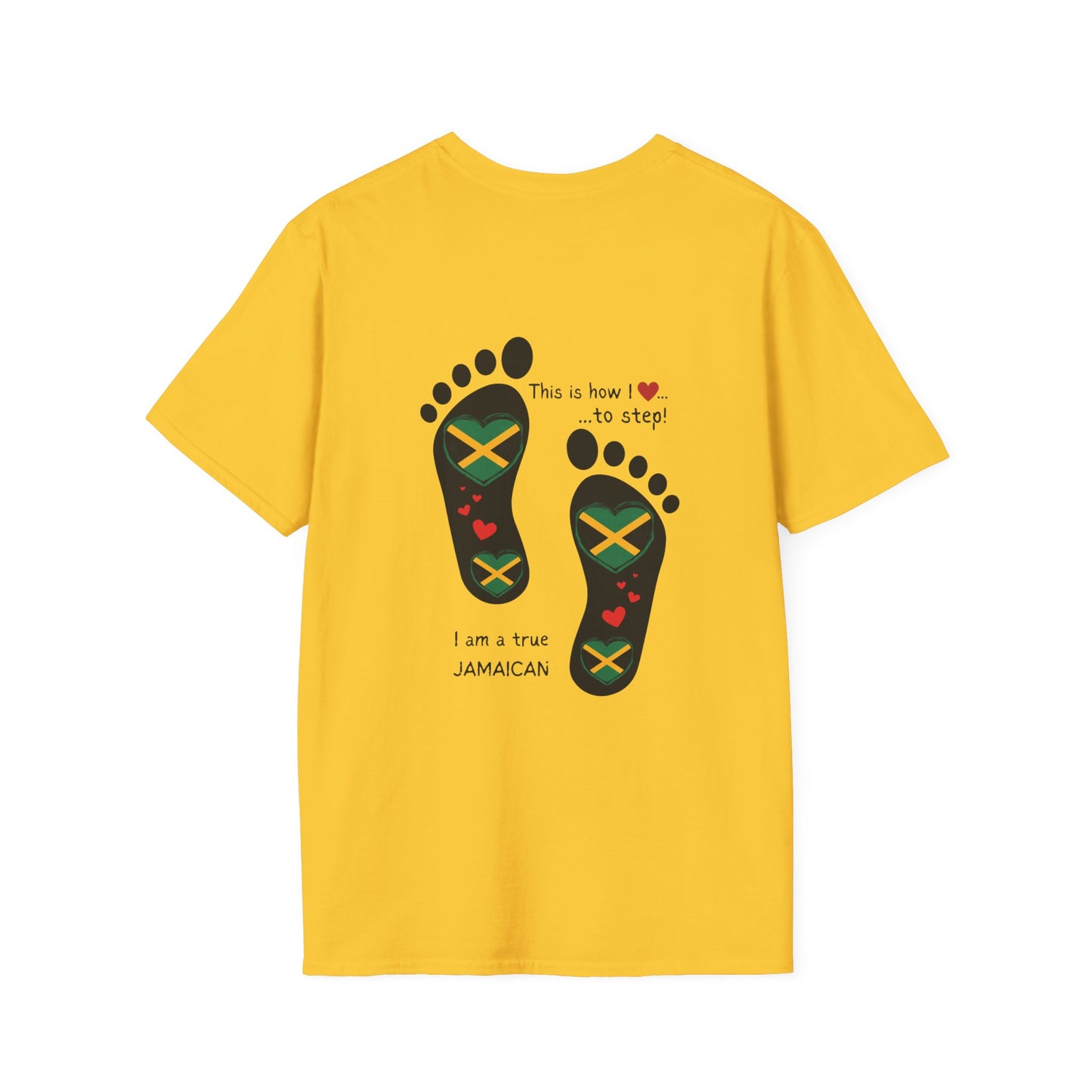 Heart-Shaped Jamaican Flag in Footsteps Unisex Softstyle Tee: Island Pride in Every Step! Jamaican Gift Idea. Love Jamaica. Heritage Pride.