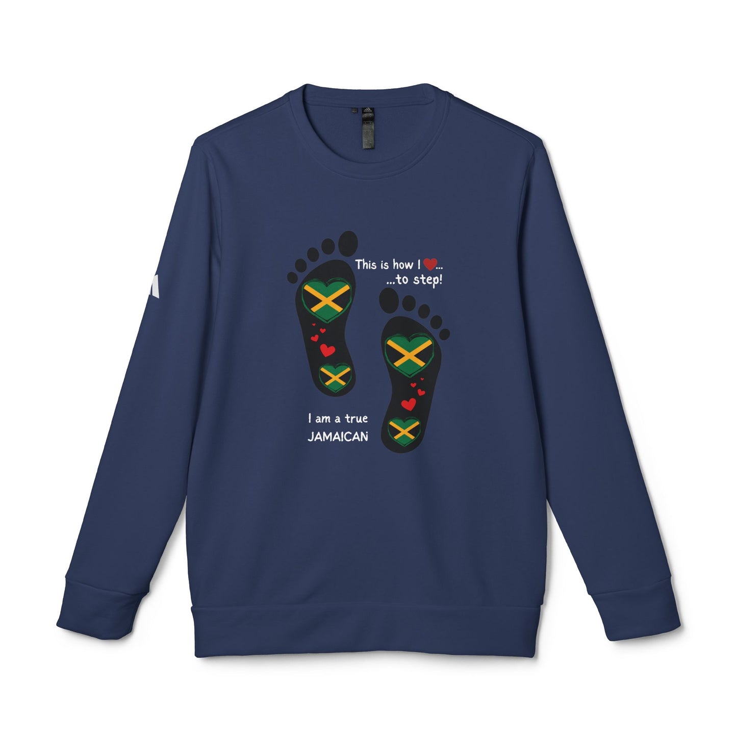 adidas® Unisex Fleece Crewneck Sweatshirt - LoveJustJules Heart-Shaped Flag of Jamaica in Footprints Top - A Fusion of Style, Patriotism, and adidas® Quality