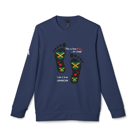 adidas® Unisex Fleece Crewneck Sweatshirt - LoveJustJules Heart-Shaped Flag of Jamaica in Footprints Top - A Fusion of Style, Patriotism, and adidas® Quality