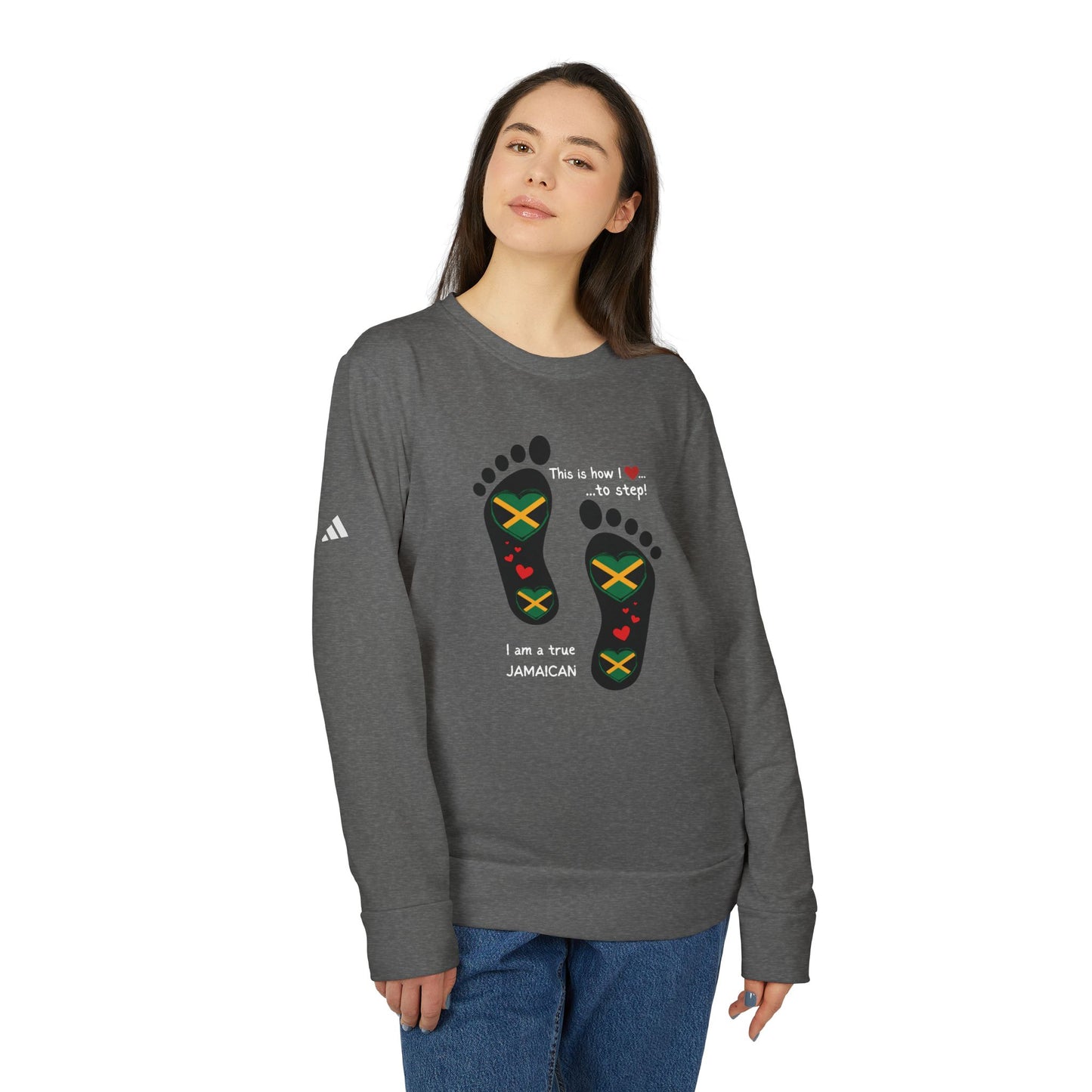 adidas® Unisex Fleece Crewneck Sweatshirt - LoveJustJules Heart-Shaped Flag of Jamaica in Footprints Top - A Fusion of Style, Patriotism, and adidas® Quality