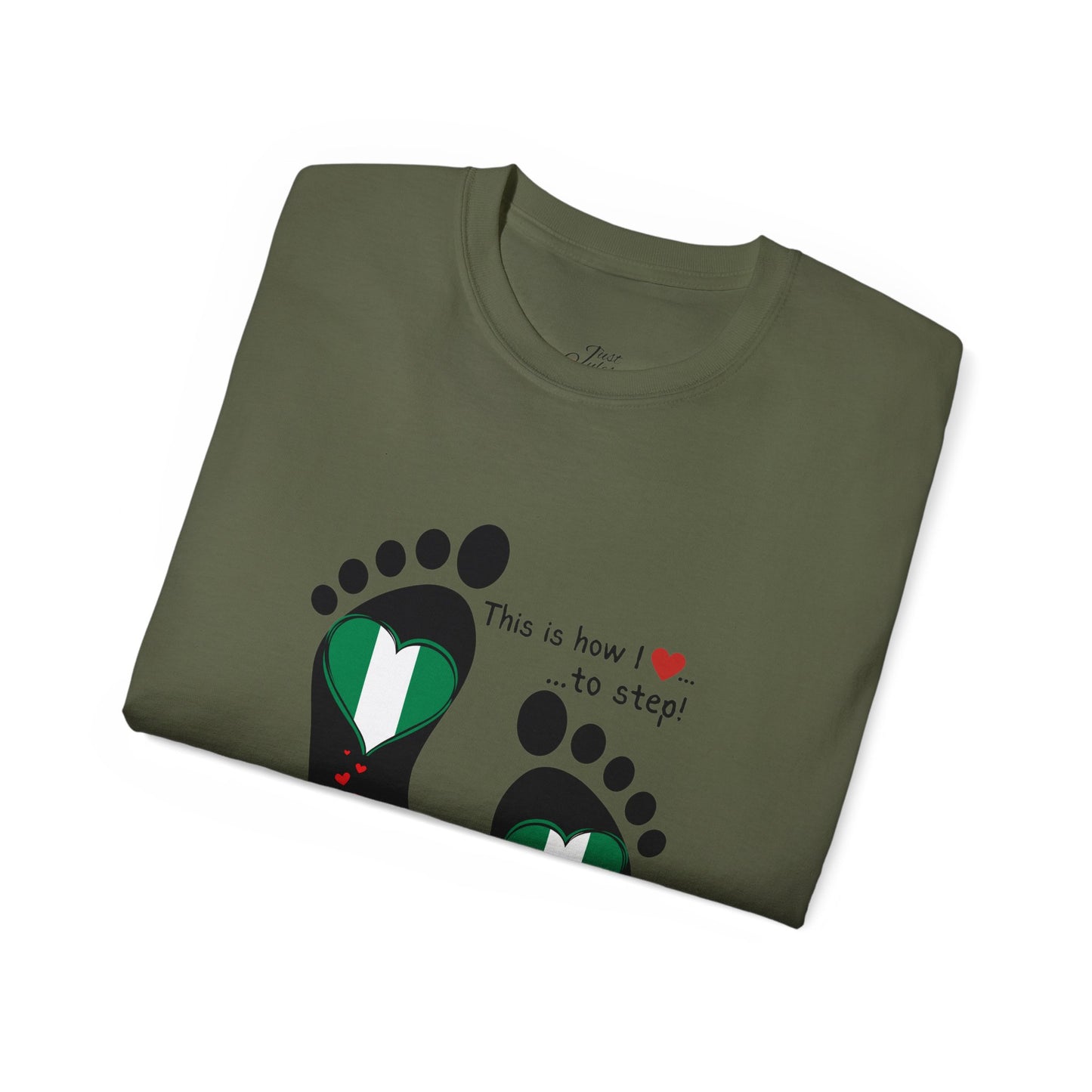 Unisex Ultra Cotton Tee - Nigerian Heart-Shaped Flag in Footprints