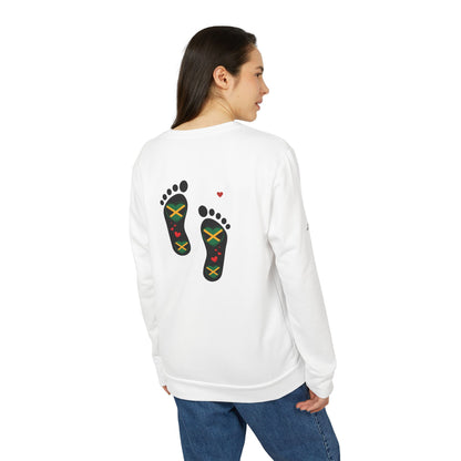 adidas® Unisex Fleece Crewneck Sweatshirt - LoveJustJules Heart-Shaped Flag of Jamaica in Footprints Top - A Fusion of Style, Patriotism, and adidas® Quality