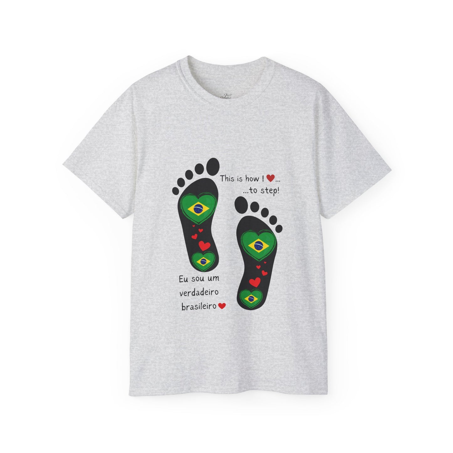 Front and Back Print Design - Brazil Heart-Shaped Flags in Footprints - Unisex Tee-Shirt Gift Idea