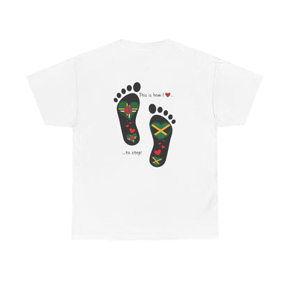 Jamaica & Dominica Flag in Footsteps Tee: Unique Unisex Soft style tee-Shirt for Dual Heritage Pride!  Island Flag Fusion Apparel